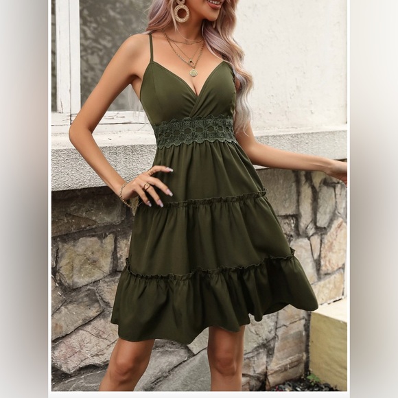 Dresses & Skirts - Army Green Contrast Lace Ruffle Hem Cami Dress